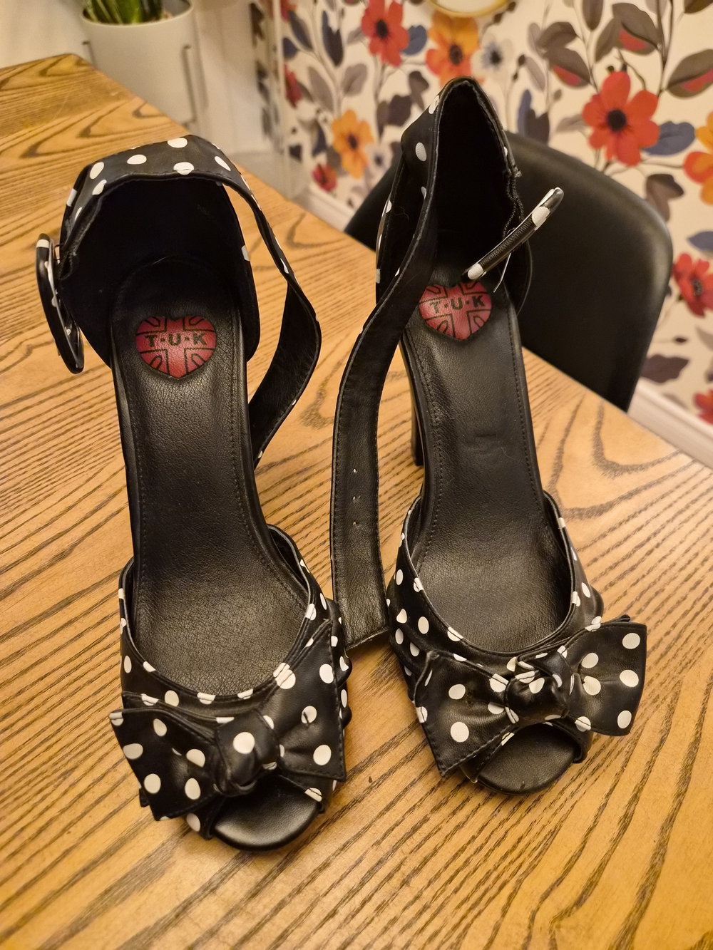 T.U.K Black and White Polka Dot Peep-Toe Heels with Bow